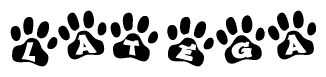 The image shows a series of animal paw prints arranged in a horizontal line. Each paw print contains a letter, and together they spell out the word Latega.