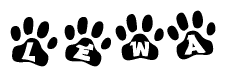 The image shows a series of animal paw prints arranged in a horizontal line. Each paw print contains a letter, and together they spell out the word Lewa.