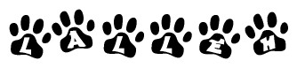 The image shows a series of animal paw prints arranged in a horizontal line. Each paw print contains a letter, and together they spell out the word Lalleh.
