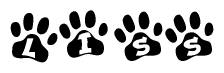 The image shows a row of animal paw prints, each containing a letter. The letters spell out the word Liss within the paw prints.