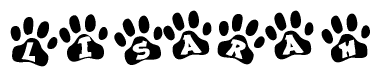 The image shows a row of animal paw prints, each containing a letter. The letters spell out the word Lisarah within the paw prints.
