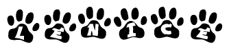 The image shows a series of animal paw prints arranged in a horizontal line. Each paw print contains a letter, and together they spell out the word Lenice.