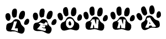 The image shows a series of animal paw prints arranged horizontally. Within each paw print, there's a letter; together they spell Leonna