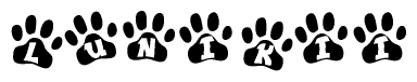 The image shows a row of animal paw prints, each containing a letter. The letters spell out the word Lunikii within the paw prints.