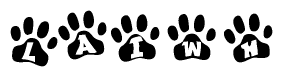 The image shows a series of animal paw prints arranged in a horizontal line. Each paw print contains a letter, and together they spell out the word Laiwh.