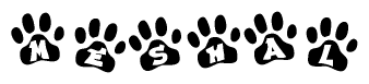 The image shows a series of animal paw prints arranged in a horizontal line. Each paw print contains a letter, and together they spell out the word Meshal.