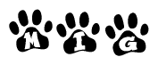 The image shows a series of animal paw prints arranged in a horizontal line. Each paw print contains a letter, and together they spell out the word Mig.