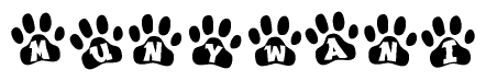 The image shows a series of animal paw prints arranged in a horizontal line. Each paw print contains a letter, and together they spell out the word Munywani.