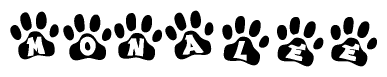 The image shows a series of animal paw prints arranged horizontally. Within each paw print, there's a letter; together they spell Monalee