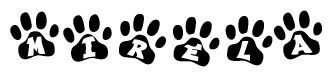 The image shows a row of animal paw prints, each containing a letter. The letters spell out the word Mirela within the paw prints.