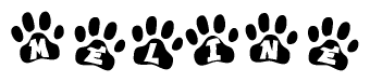 The image shows a row of animal paw prints, each containing a letter. The letters spell out the word Meline within the paw prints.