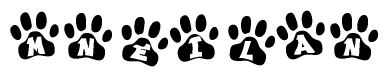 The image shows a row of animal paw prints, each containing a letter. The letters spell out the word Mneilan within the paw prints.