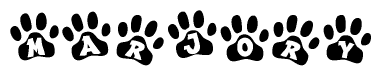 The image shows a row of animal paw prints, each containing a letter. The letters spell out the word Marjory within the paw prints.