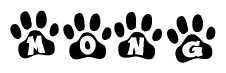The image shows a series of animal paw prints arranged in a horizontal line. Each paw print contains a letter, and together they spell out the word Mong.