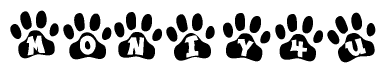 The image shows a series of animal paw prints arranged in a horizontal line. Each paw print contains a letter, and together they spell out the word Moniy4u.