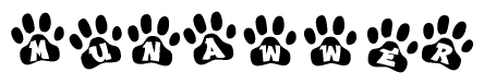 The image shows a series of animal paw prints arranged in a horizontal line. Each paw print contains a letter, and together they spell out the word Munawwer.