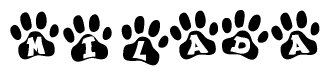 The image shows a row of animal paw prints, each containing a letter. The letters spell out the word Milada within the paw prints.
