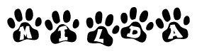 The image shows a series of animal paw prints arranged horizontally. Within each paw print, there's a letter; together they spell Milda