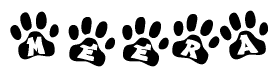 The image shows a series of animal paw prints arranged in a horizontal line. Each paw print contains a letter, and together they spell out the word Meera.