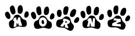 The image shows a row of animal paw prints, each containing a letter. The letters spell out the word Mornz within the paw prints.
