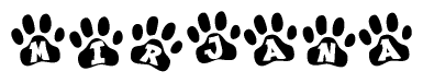 The image shows a series of animal paw prints arranged horizontally. Within each paw print, there's a letter; together they spell Mirjana