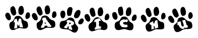 The image shows a row of animal paw prints, each containing a letter. The letters spell out the word Marichu within the paw prints.