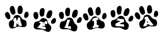The image shows a series of animal paw prints arranged in a horizontal line. Each paw print contains a letter, and together they spell out the word Meliza.