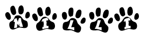 The image shows a series of animal paw prints arranged horizontally. Within each paw print, there's a letter; together they spell Milli