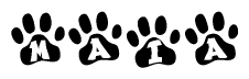 The image shows a series of animal paw prints arranged horizontally. Within each paw print, there's a letter; together they spell Maia