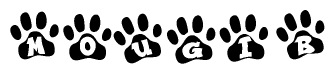 The image shows a series of animal paw prints arranged horizontally. Within each paw print, there's a letter; together they spell Mougib
