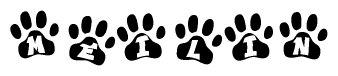 The image shows a series of animal paw prints arranged horizontally. Within each paw print, there's a letter; together they spell Meilin