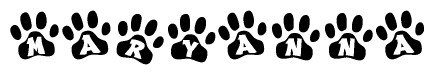 The image shows a series of animal paw prints arranged horizontally. Within each paw print, there's a letter; together they spell Maryanna
