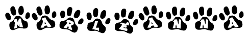 The image shows a series of animal paw prints arranged in a horizontal line. Each paw print contains a letter, and together they spell out the word Marleanna.