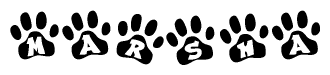 The image shows a series of animal paw prints arranged horizontally. Within each paw print, there's a letter; together they spell Marsha