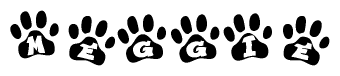 The image shows a series of animal paw prints arranged in a horizontal line. Each paw print contains a letter, and together they spell out the word Meggie.