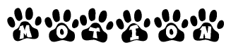 The image shows a series of animal paw prints arranged in a horizontal line. Each paw print contains a letter, and together they spell out the word Motion.