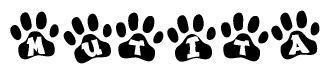 The image shows a series of animal paw prints arranged horizontally. Within each paw print, there's a letter; together they spell Mutita