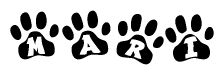 The image shows a series of animal paw prints arranged horizontally. Within each paw print, there's a letter; together they spell Mari
