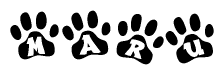 The image shows a series of animal paw prints arranged in a horizontal line. Each paw print contains a letter, and together they spell out the word Maru.