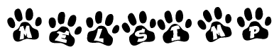 The image shows a series of animal paw prints arranged horizontally. Within each paw print, there's a letter; together they spell Melsimp