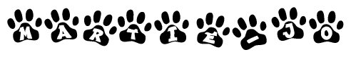 The image shows a series of animal paw prints arranged horizontally. Within each paw print, there's a letter; together they spell Martie-jo