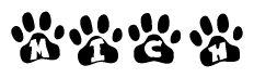 The image shows a series of animal paw prints arranged horizontally. Within each paw print, there's a letter; together they spell Mich