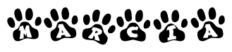 The image shows a series of animal paw prints arranged horizontally. Within each paw print, there's a letter; together they spell Marcia