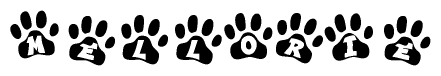 The image shows a row of animal paw prints, each containing a letter. The letters spell out the word Mellorie within the paw prints.