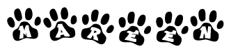 The image shows a series of animal paw prints arranged in a horizontal line. Each paw print contains a letter, and together they spell out the word Mareen.