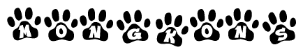 The image shows a series of animal paw prints arranged in a horizontal line. Each paw print contains a letter, and together they spell out the word Mongkons.