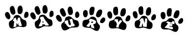 The image shows a row of animal paw prints, each containing a letter. The letters spell out the word Mauryne within the paw prints.