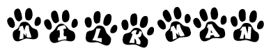 The image shows a series of animal paw prints arranged horizontally. Within each paw print, there's a letter; together they spell Milkman