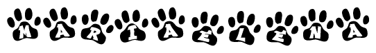 The image shows a series of animal paw prints arranged in a horizontal line. Each paw print contains a letter, and together they spell out the word Mariaelena.