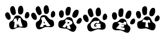 The image shows a series of animal paw prints arranged in a horizontal line. Each paw print contains a letter, and together they spell out the word Marget.